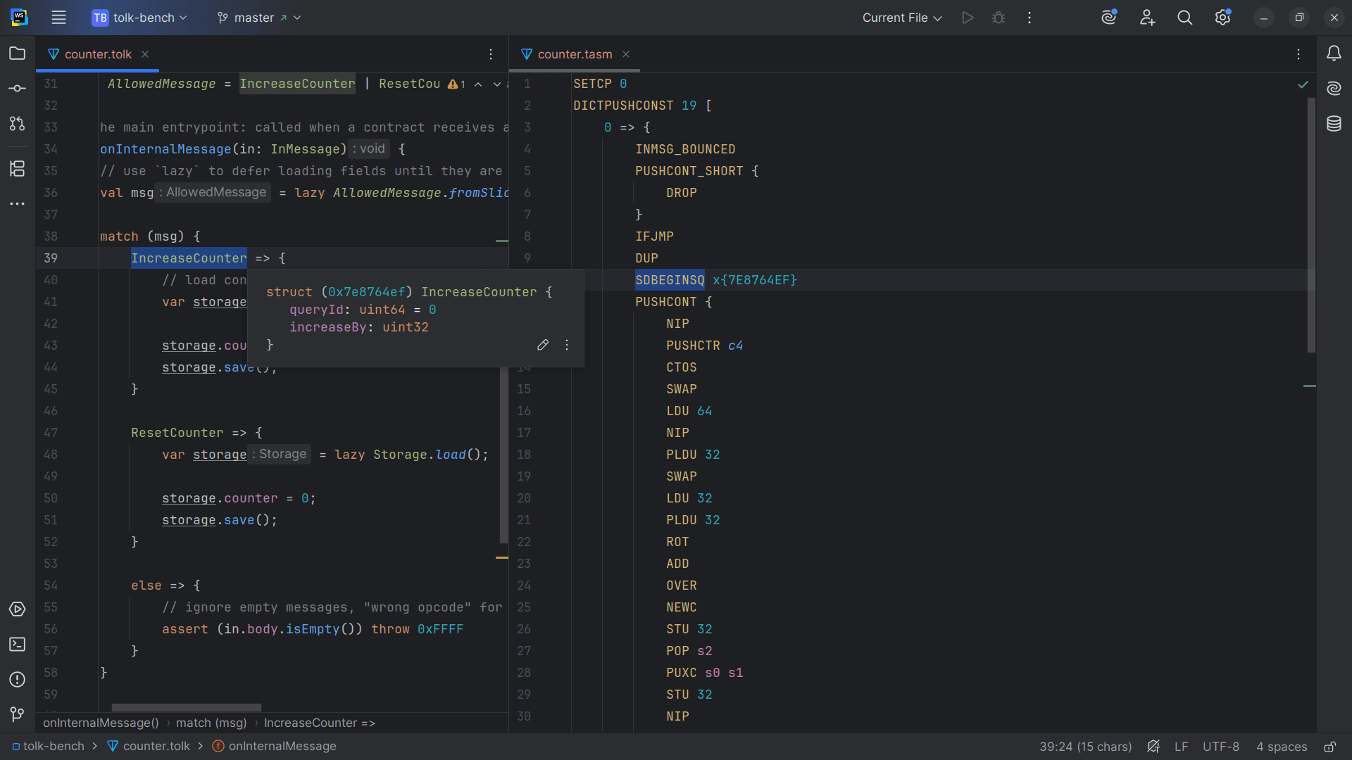 Screenshot of the TON Assembly (TASM) language support