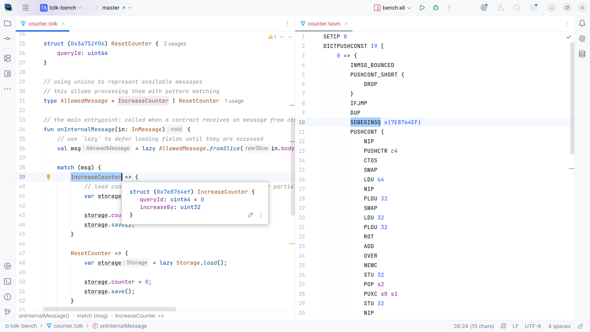 Screenshot of the TON Assembly (TASM) language support