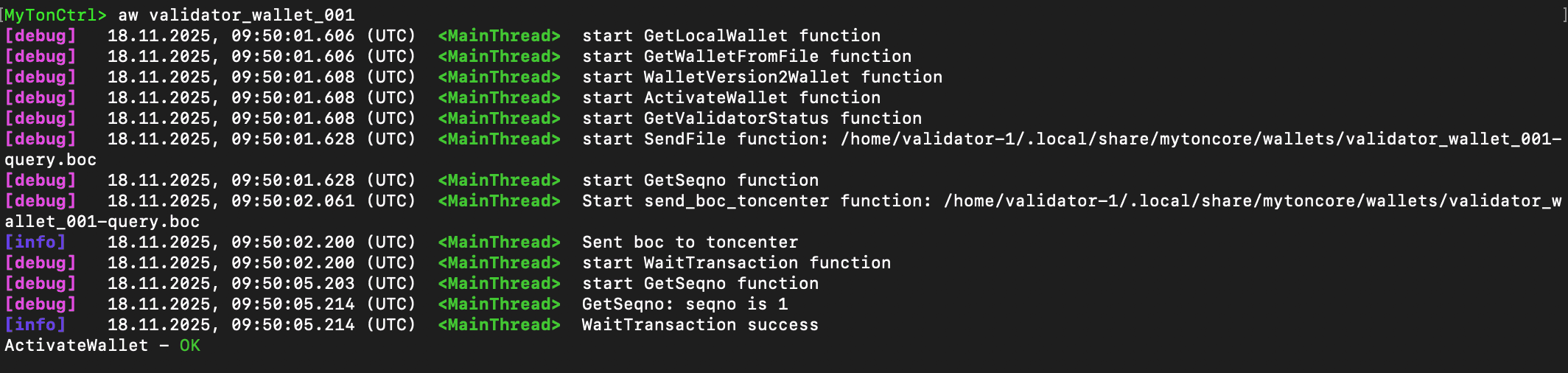 Activate validator wallet command result