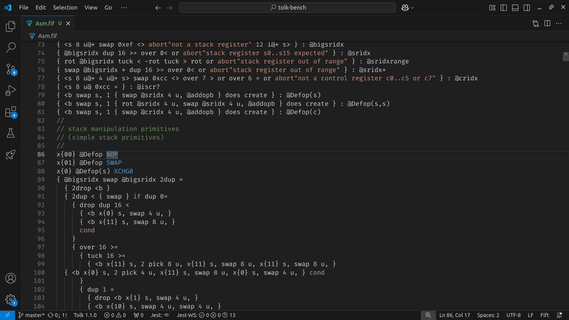 Screenshot of the Fift language support