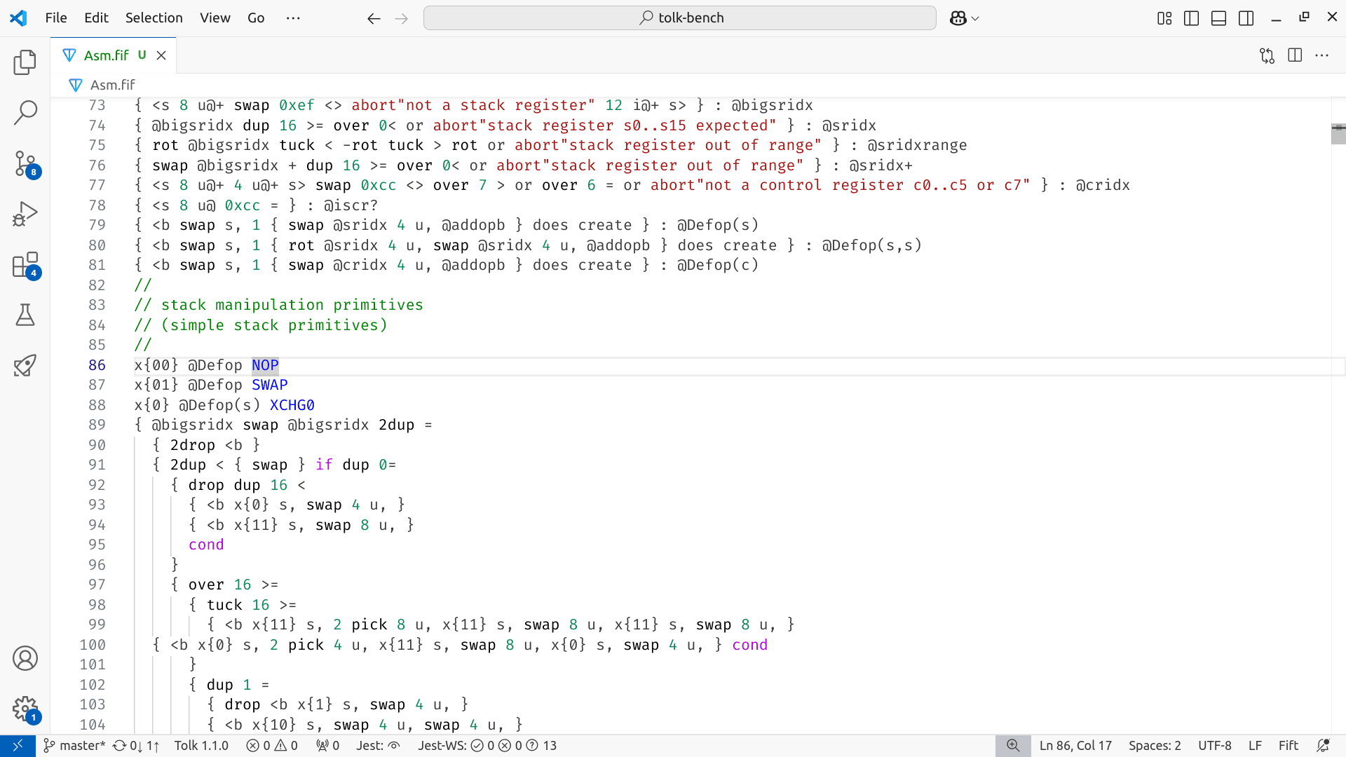 Screenshot of the Fift language support