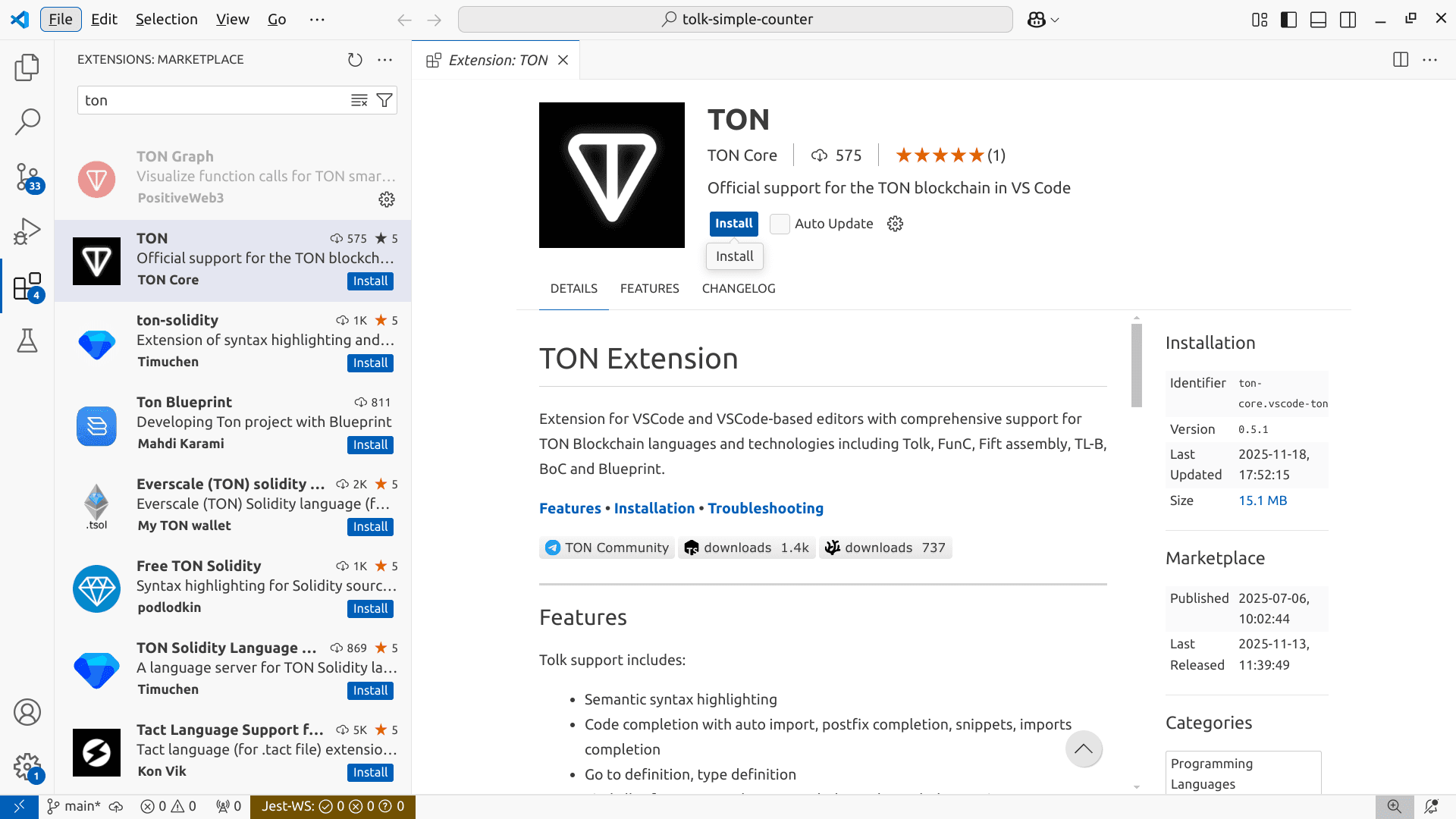 Screenshot of extension installation