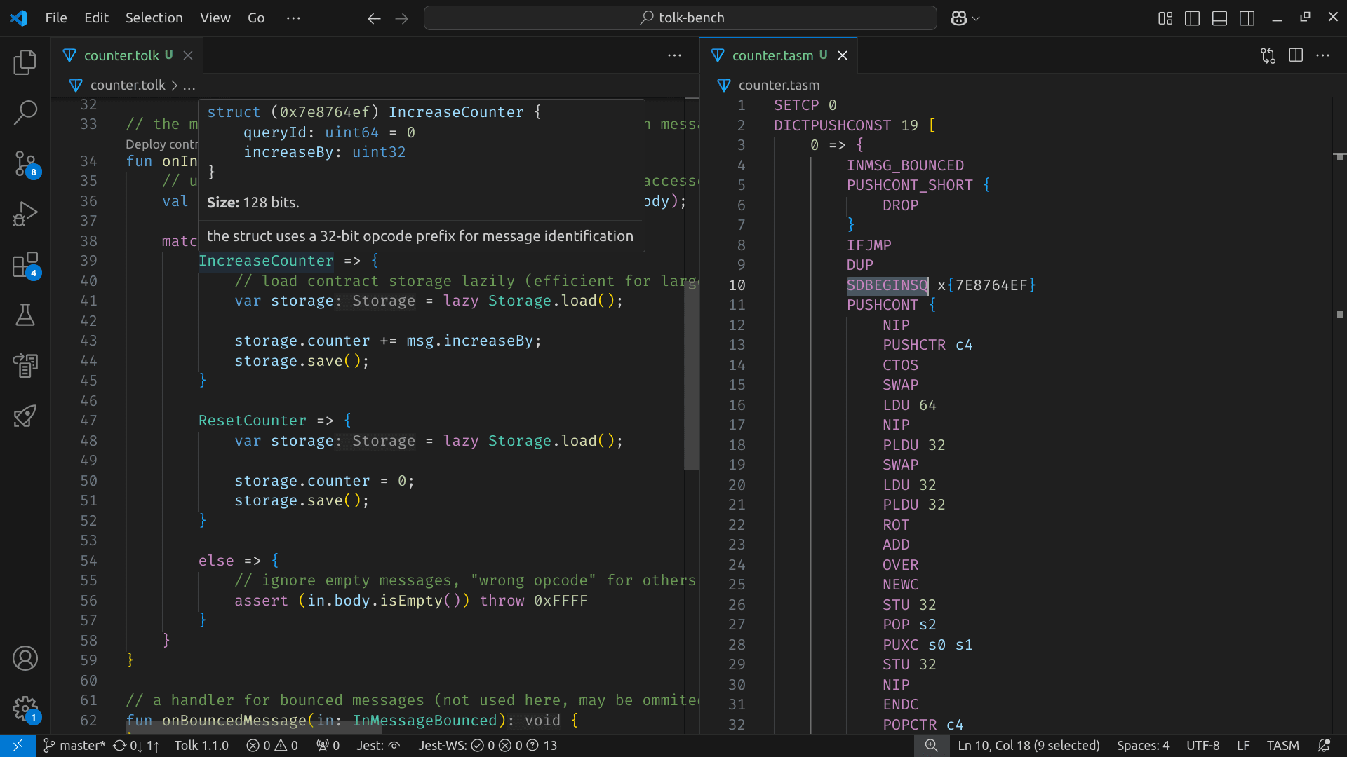 Screenshot of the TON Assembly (TASM) language support