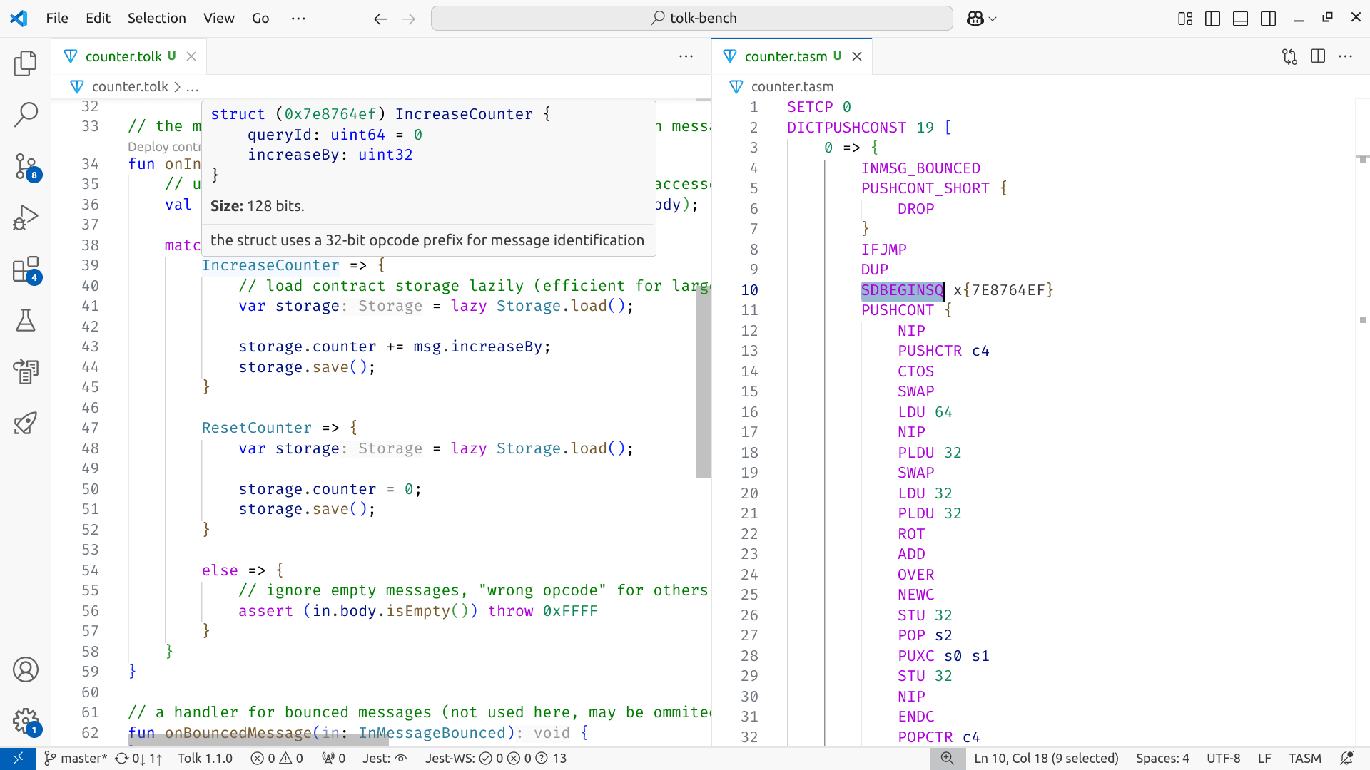 Screenshot of the TON Assembly (TASM) language support