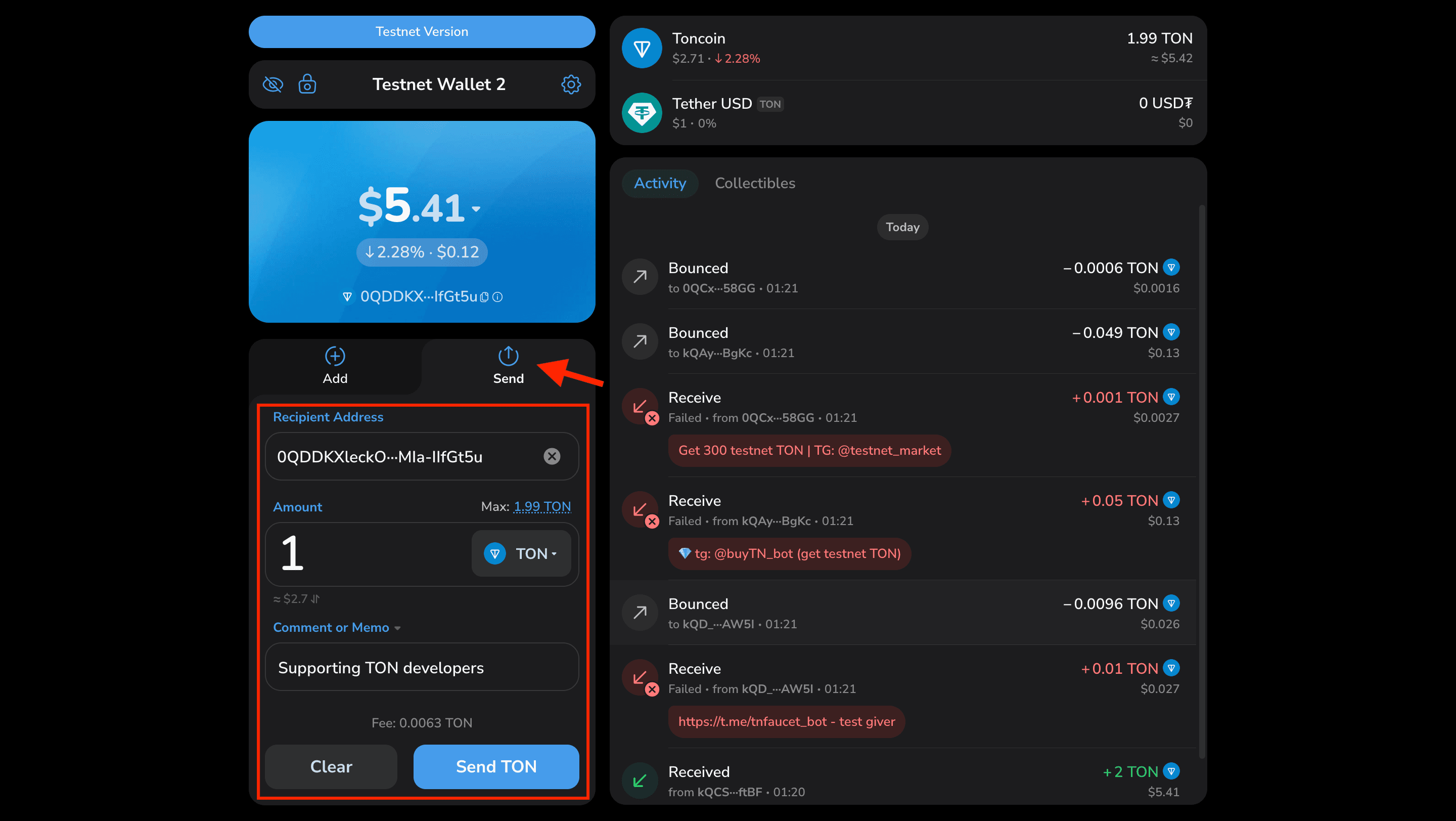Sending coins