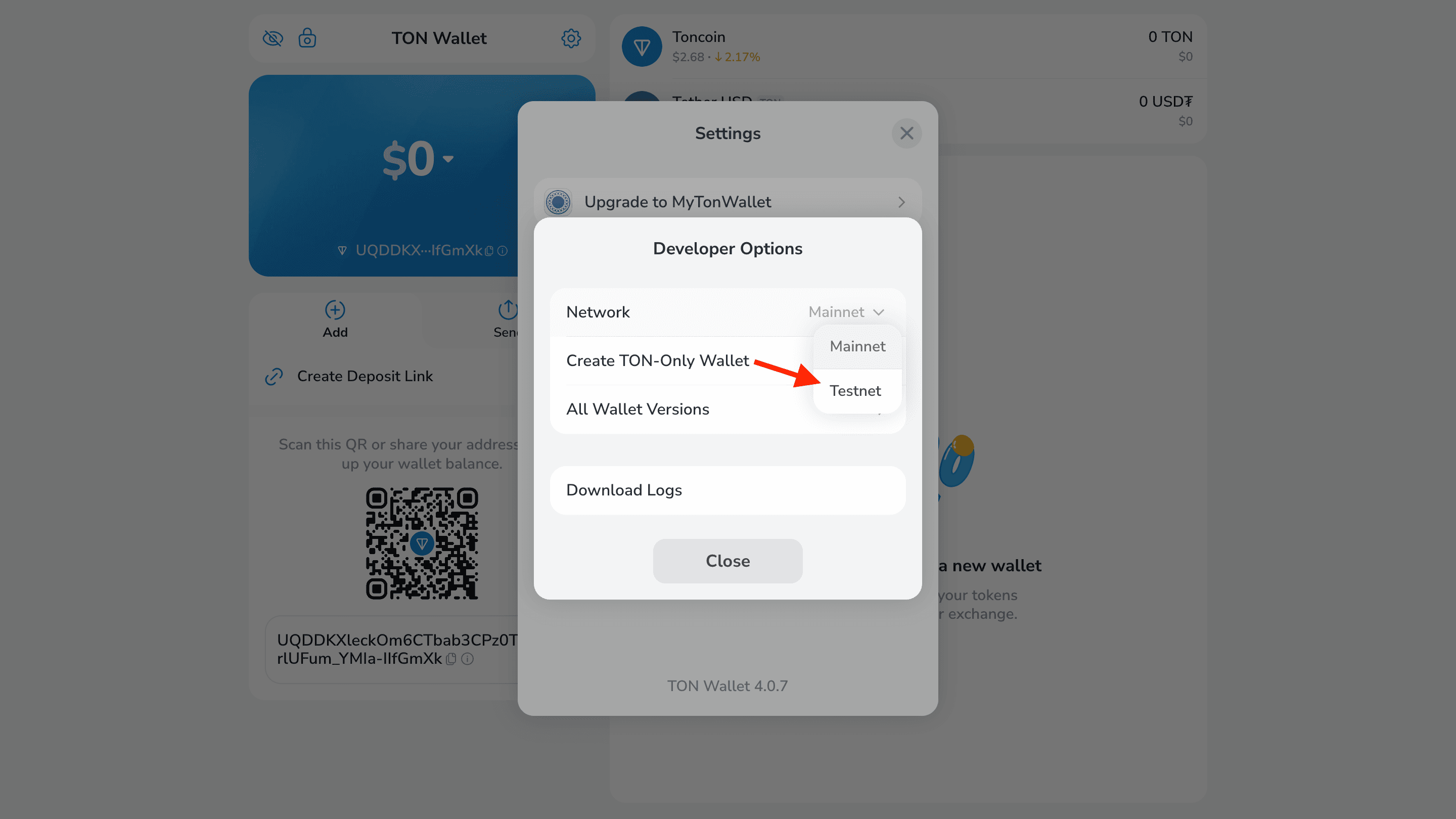 Choose Testnet