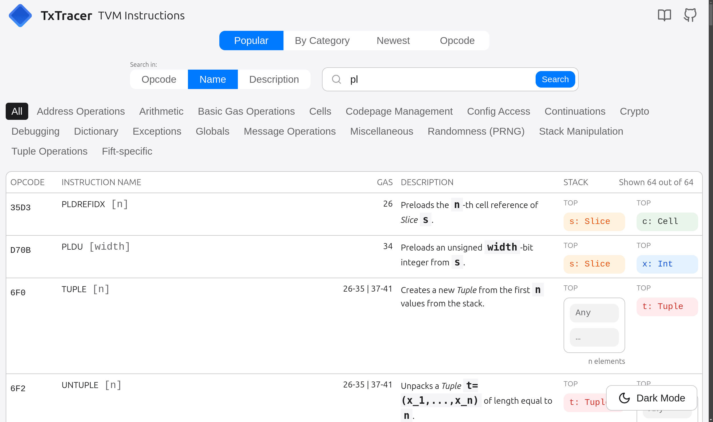 Screenshot of search in TVM specification by prefix 'pl'