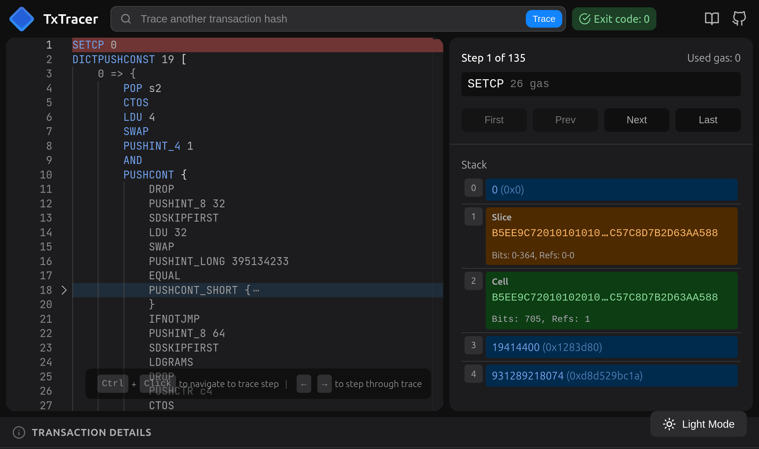 Screenshot of tracing by transaction hash