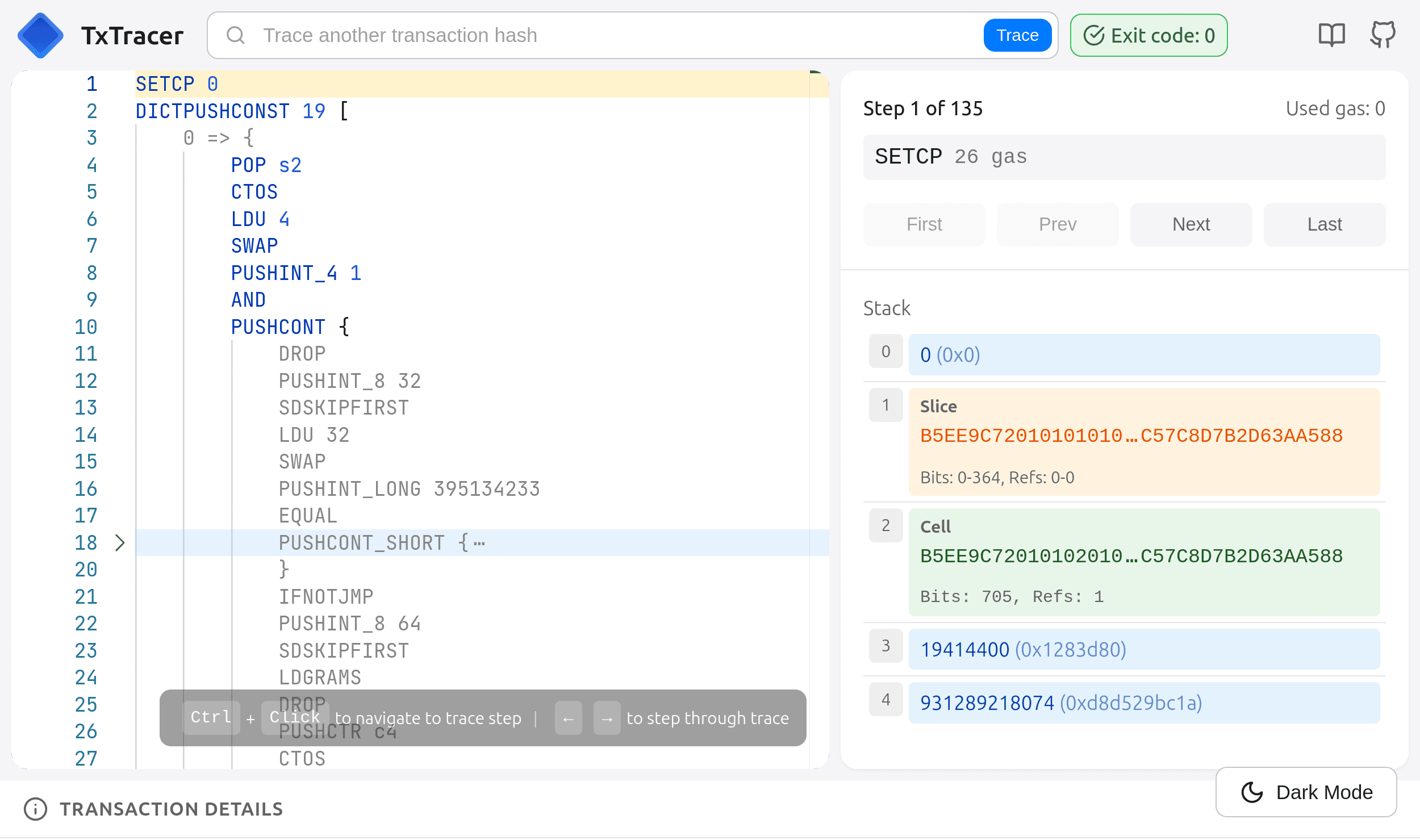 Screenshot of tracing by transaction hash